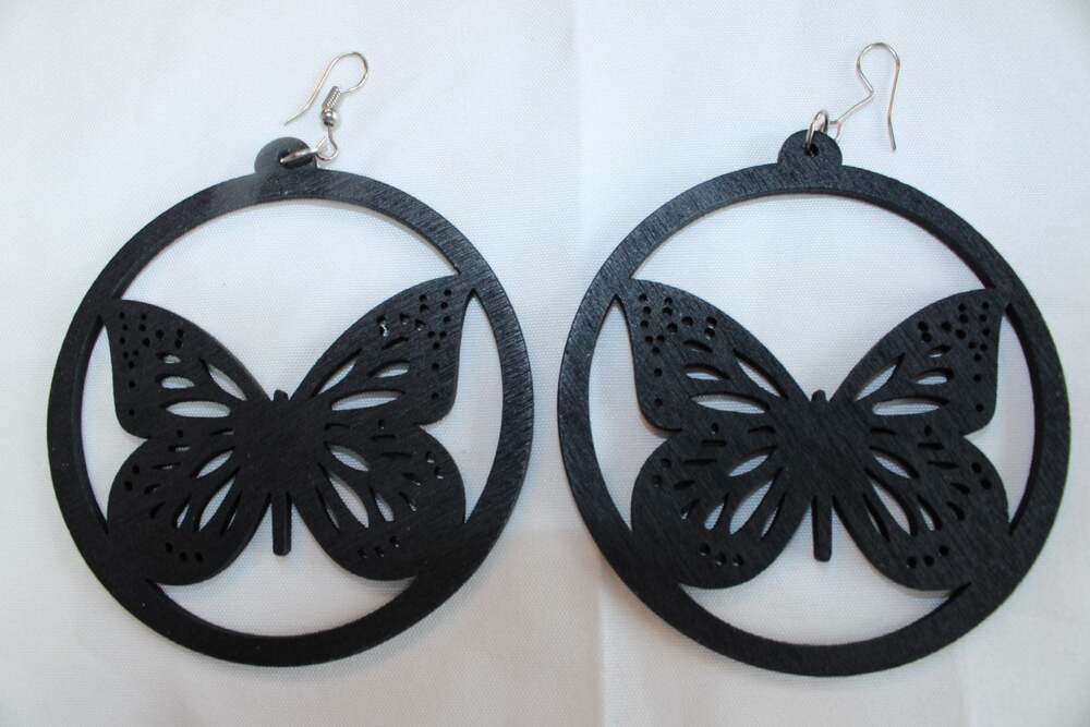 Black Laser-Cut Wood Butterfly Dangle Earrings